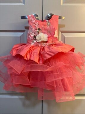 Girls Coral Floral Ruffle Tulle Party Dress